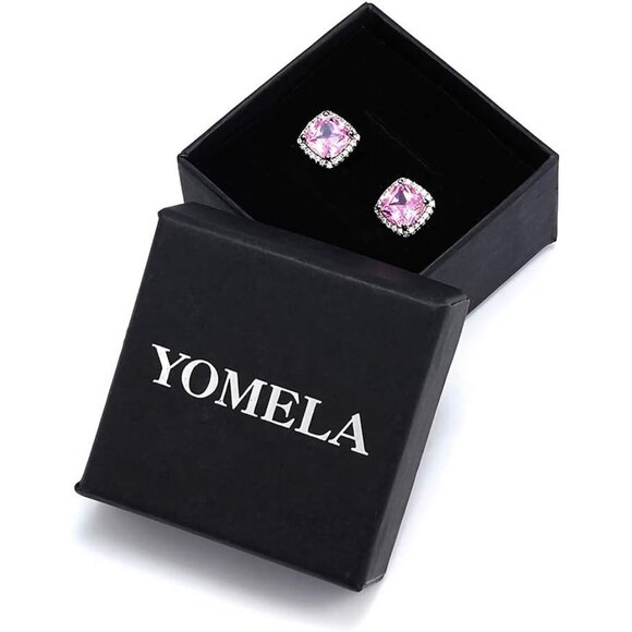 Women's Square Birthstone Cubic Zirconia Mall Dainty Light Pink Elegant Earring - Picture 6 of 6